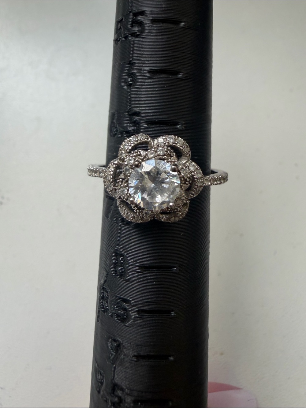 Floral Halo Silver Ring with Clear Center Stone - White